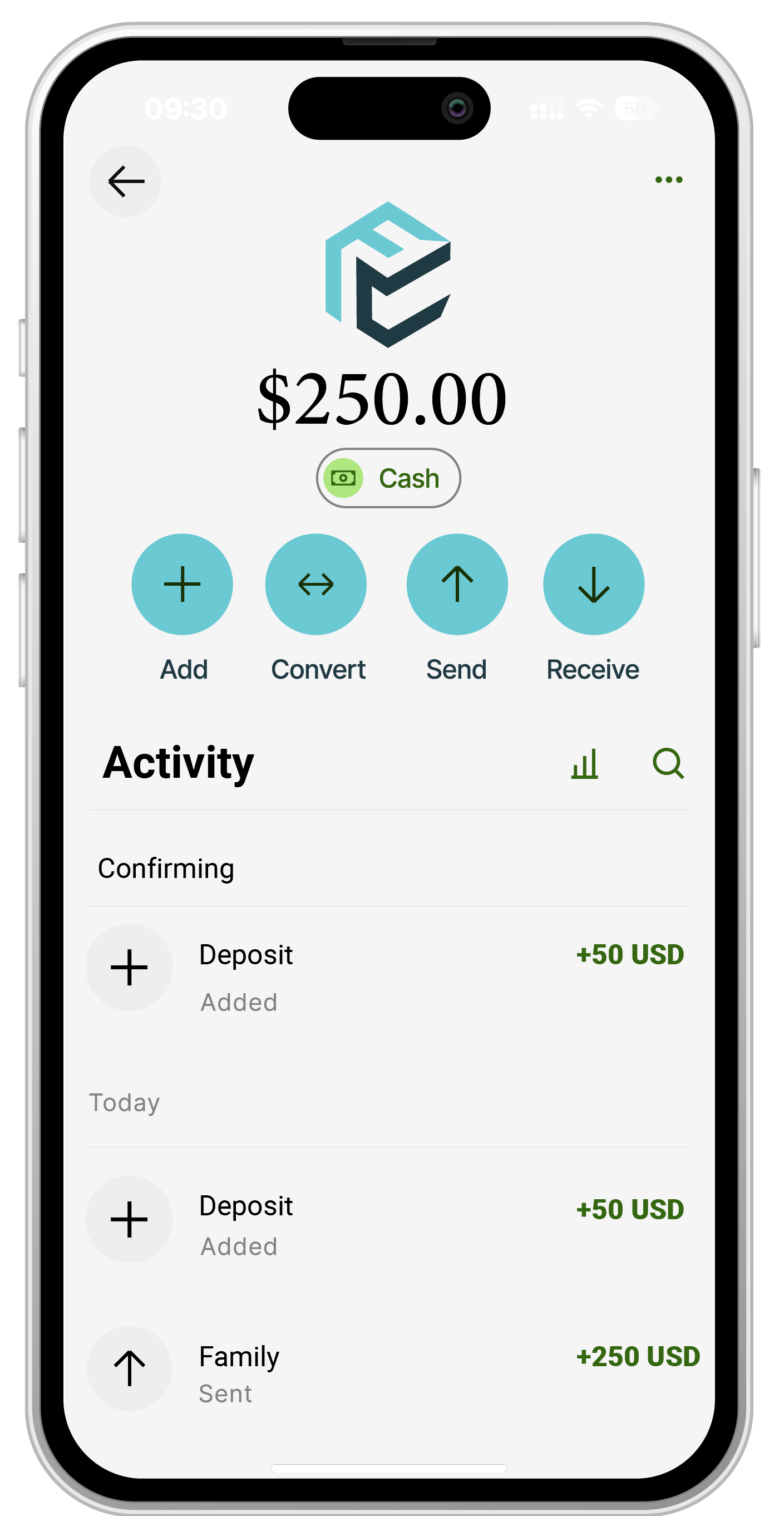 Facil$Cash app interface showing a balance of $250 and transaction history.