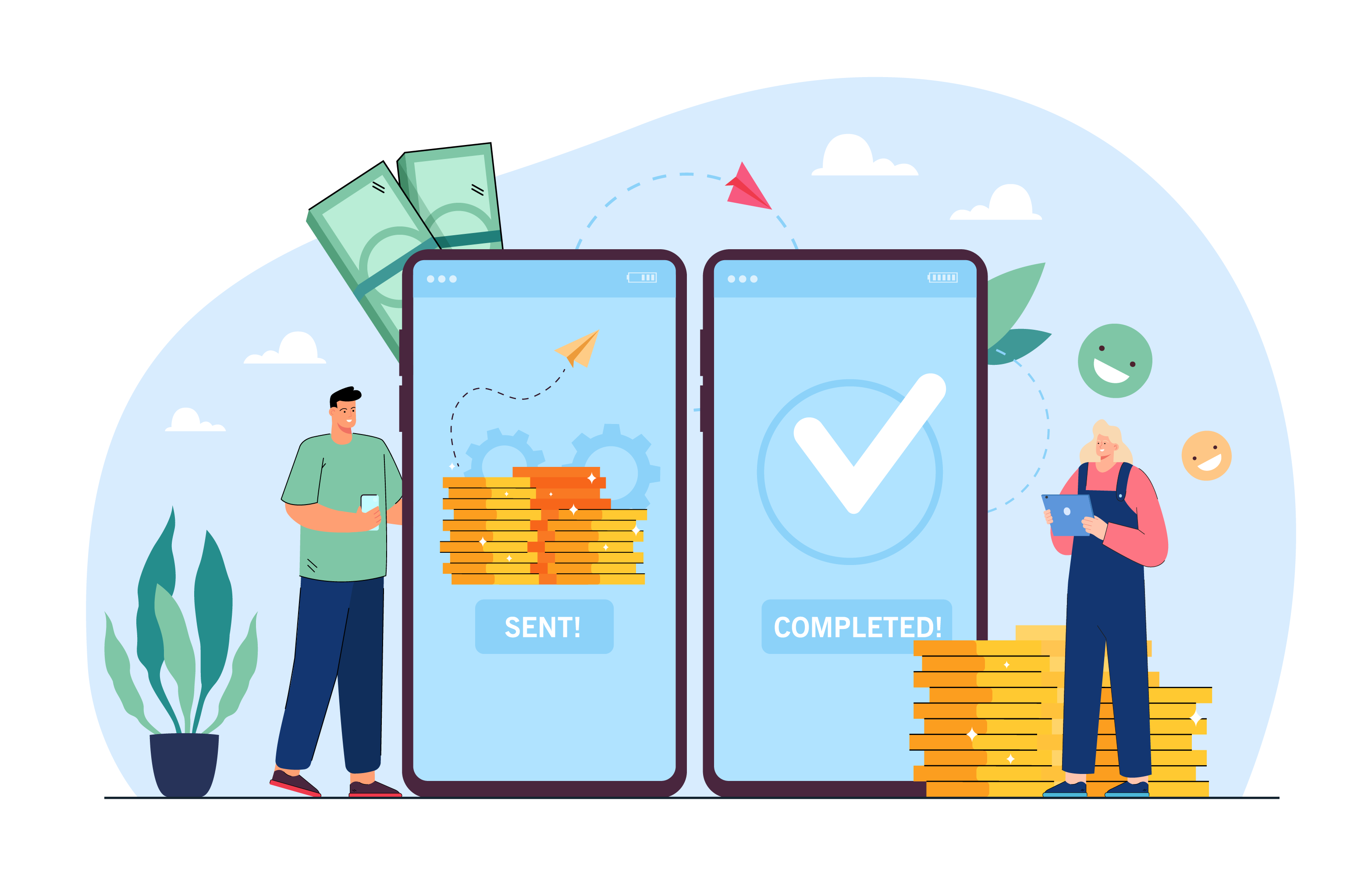 Illustration showing a successful mobile money transfer from one person to another with phones displaying 'SENT!' and 'COMPLETED!' messages.
